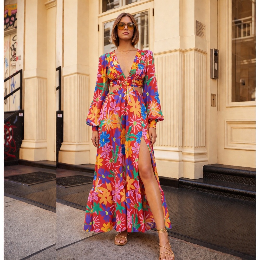 PatBO Aster Floral Cutout Maxi Dress Small Resort Vacation